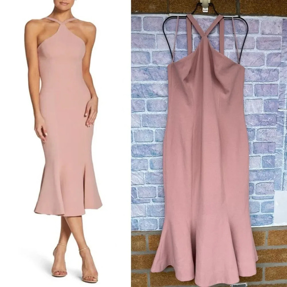 Dress The Population Womens Tessa Crepe Mermaid Midi Dress Blush Haltered large - Picture 1 of 15